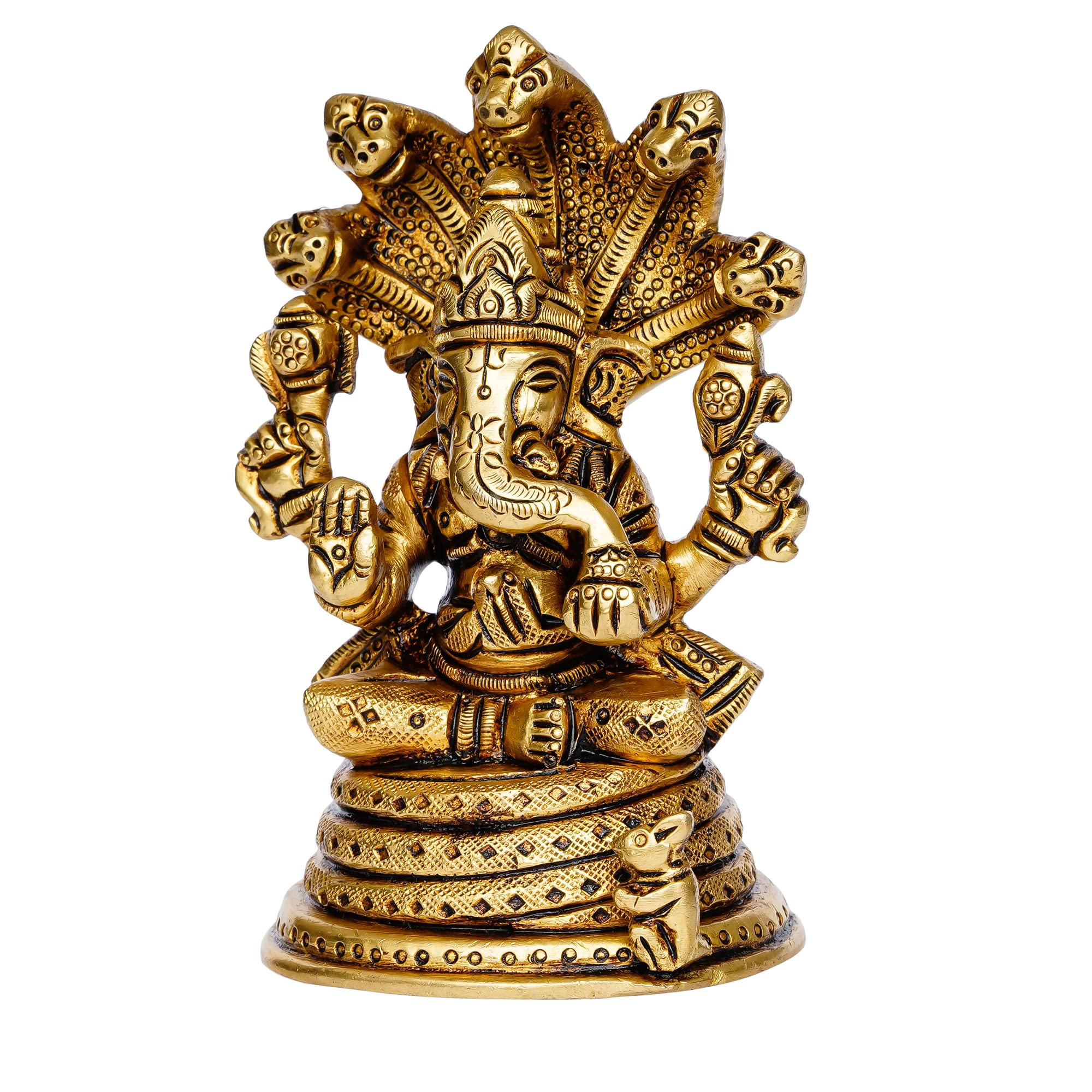 Ecraftindia Golden Brass Ganesha Idol With Naag Devta | Lord Ganesha Idol For Home Decor Office | Ganesha Statue | Ganesh Ganpat